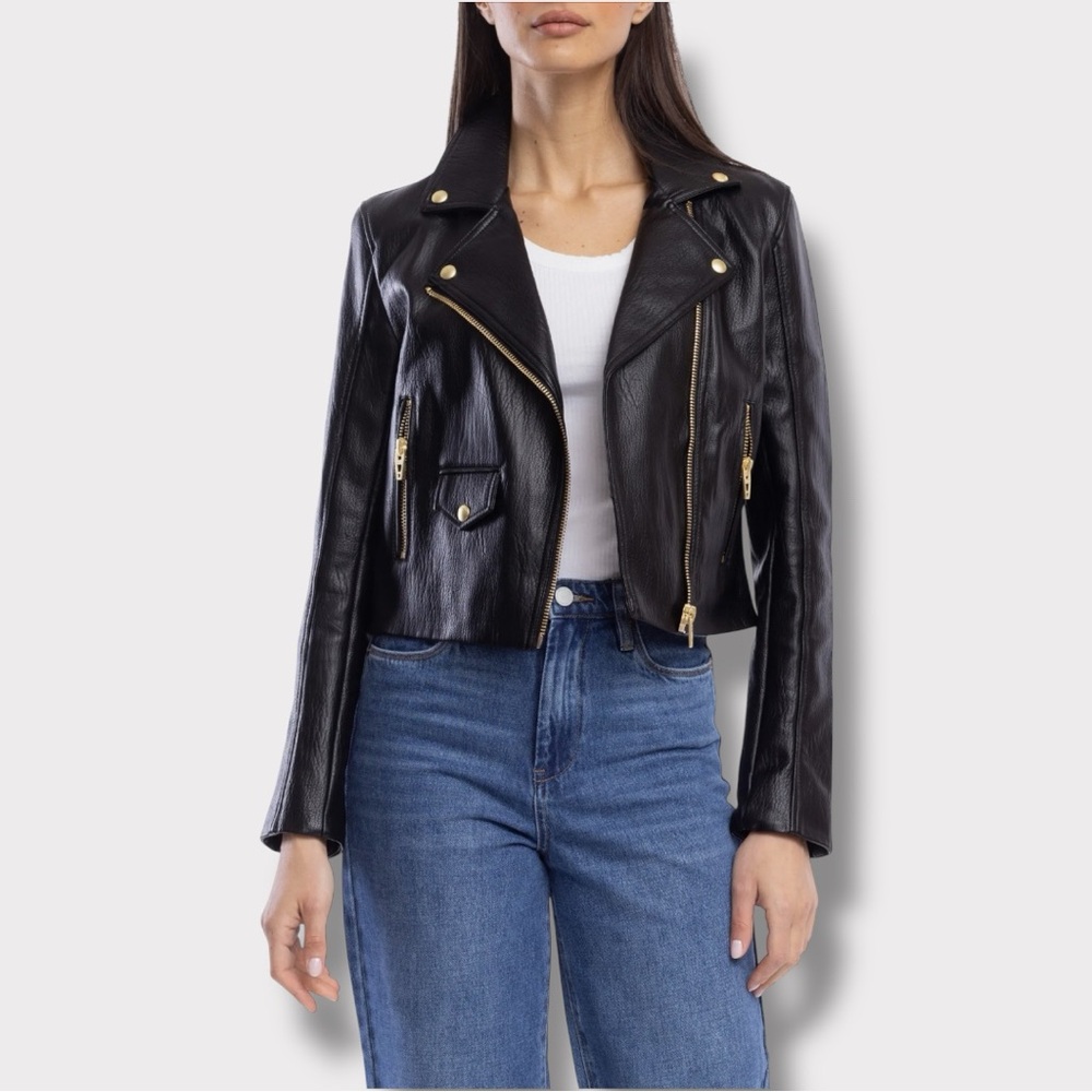 Blank NYC Black Leather Biker Jacket with Gold Accents